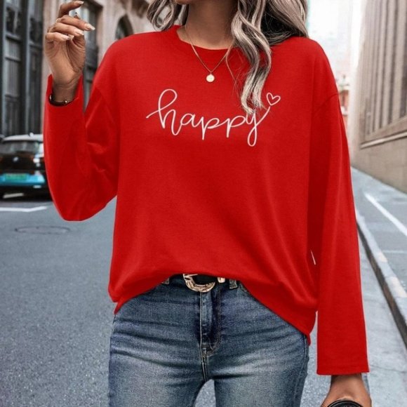 Happy Letter Graphic Casual comfy long sleeved Tee red - Picture 3 of 3